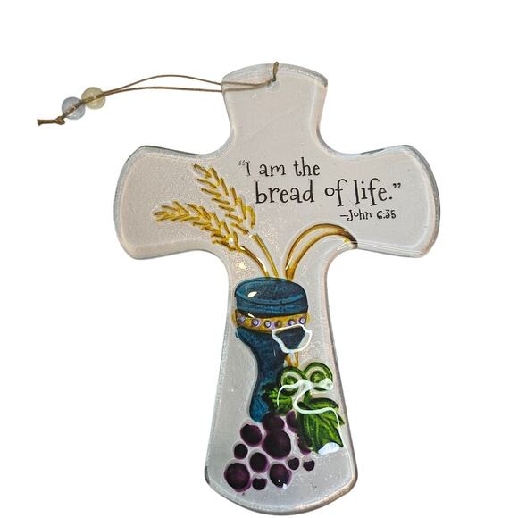Glass Cross 7"x5" Chalice, grapes wheat Inscibed "I am the bread of Life."  John - Picture 1 of 6